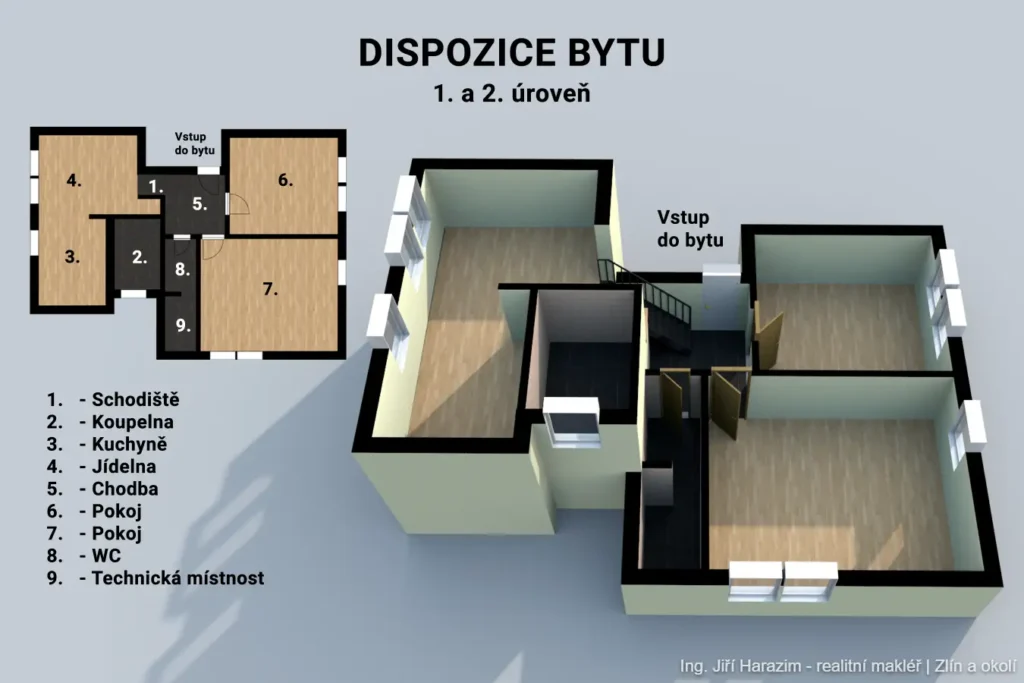Komplet půdorys 1 a 2 úroveň byt 3+1 Zlín Kudlov Žlutá Ing. Jiří Harazim - realitní makléř | Zlín a okolí
