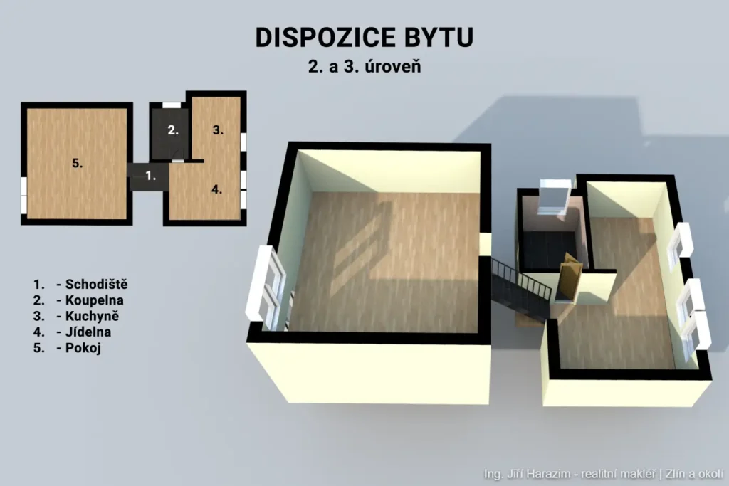 Komplet půdorys 2 a 3 úroveň byt 3+1 Zlín Kudlov Žlutá Ing. Jiří Harazim - realitní makléř | Zlín a okolí